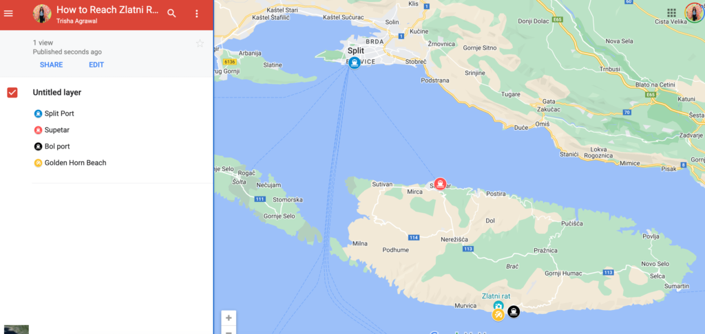 Map of Split and Brac island to show the major ports to get to Zlati Rat Beach